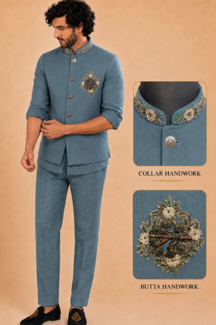 Men Linen Blend Embroidered Nehru Jacket Set with sort Kurta & Trousers