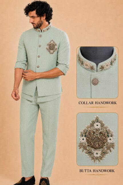 Men Linen Silk Fabric Embroidered Nehru Jacket Set with sort Kurta & Trousers