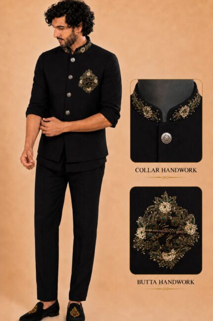 Men Linen Blend Embroidered Nehru Jacket Set with sort Kurta & Trousers