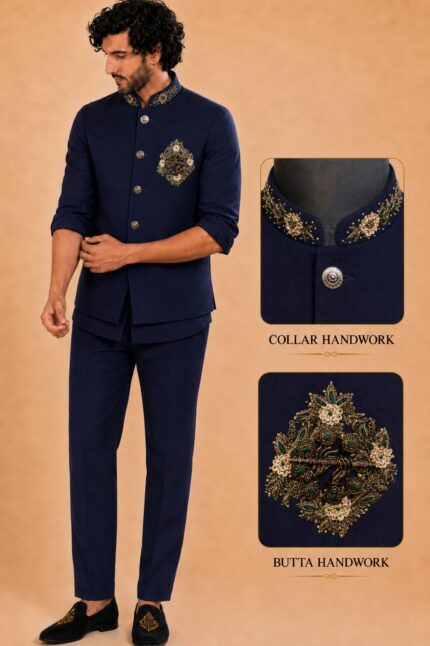 Men Linen Blend Embroidered Nehru Jacket Set with sort Kurta & Trousers