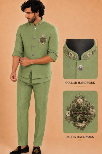 Men Linen Blend Embroidered Nehru Jacket Set with sort Kurta & Trousers