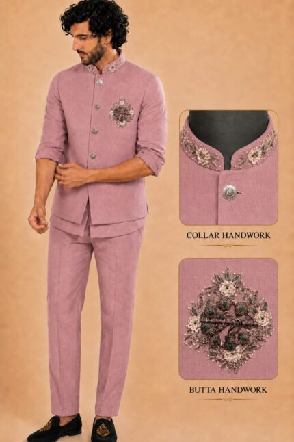 Men Linen Blend Embroidered Nehru Jacket Set with sort Kurta & Trousers