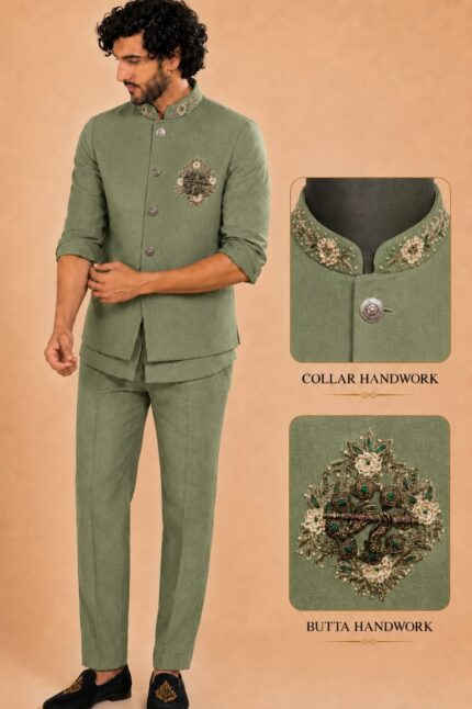Men Linen Blend Embroidered Nehru Jacket Set with sort Kurta & Trousers