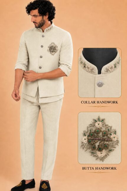 Men Linen Blend Embroidered Nehru Jacket Set with sort Kurta & Trousers
