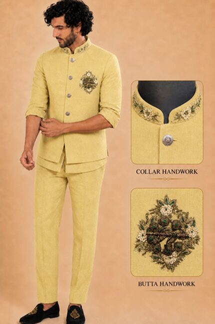 Men Linen Blend Embroidered Nehru Jacket Set with sort Kurta & Trousers