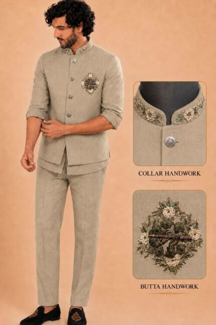 Men Linen Blend Embroidered Nehru Jacket Set with sort Kurta & Trousers