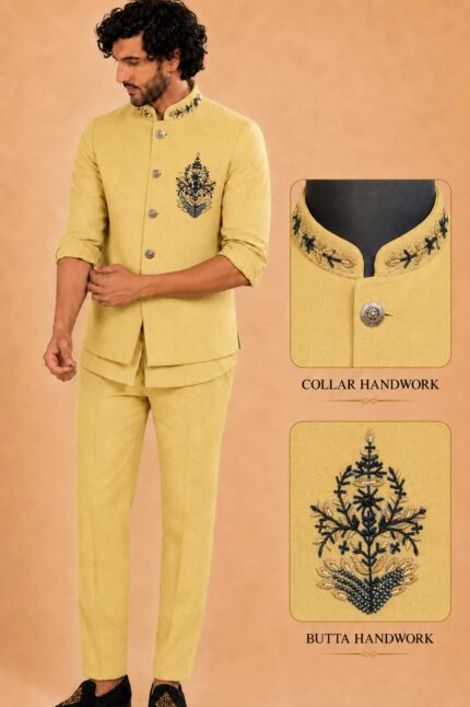 Men Linen Silk Fabric Embroidered Nehru Jacket Set with sort Kurta & Trousers