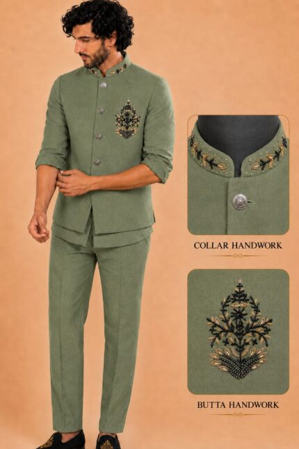 Men Linen Blend Embroidered Nehru Jacket Set with sort Kurta & Trousers