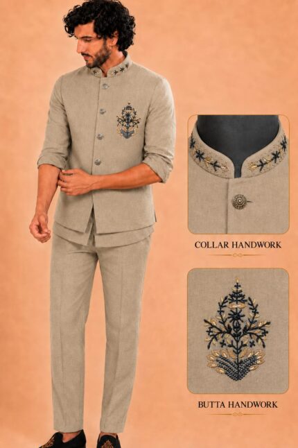 Men Linen Blend Embroidered Nehru Jacket Set with sort Kurta & Trousers