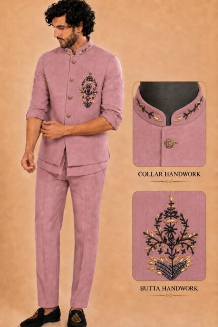 Men Linen Blend Embroidered Nehru Jacket Set with sort Kurta & Trousers