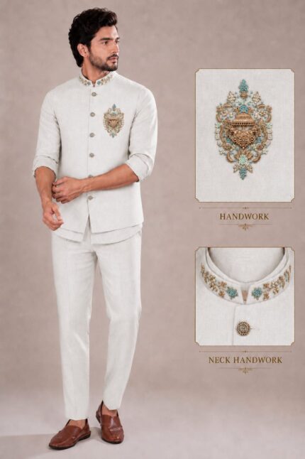 Premium  Linen Embroidered Nehru Jacket Set with sort Kurta & Trousers
