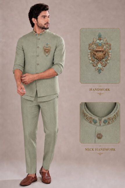 Premium  Linen Embroidered Nehru Jacket Set with sort Kurta & Trousers
