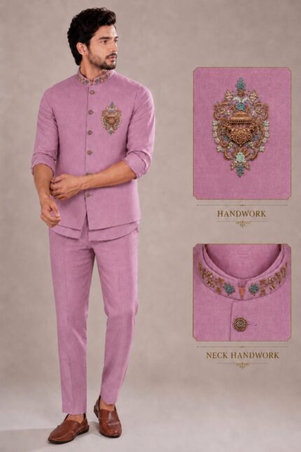 Premium  Linen Embroidered Nehru Jacket Set with sort Kurta & Trousers