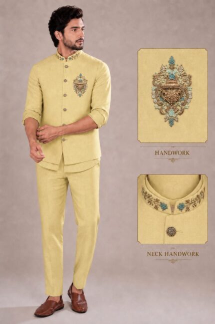 Premium  Linen Embroidered Nehru Jacket Set with sort Kurta & Trousers