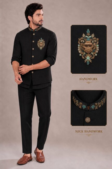 Premium  Linen Embroidered Nehru Jacket Set with sort Kurta & Trousers