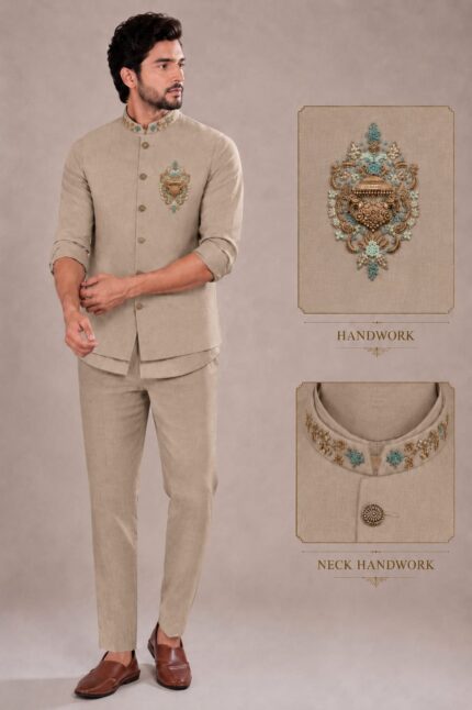 Premium  Linen Embroidered Nehru Jacket Set with sort Kurta & Trousers