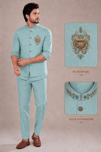 Premium  Linen Embroidered Nehru Jacket Set with sort Kurta & Trousers