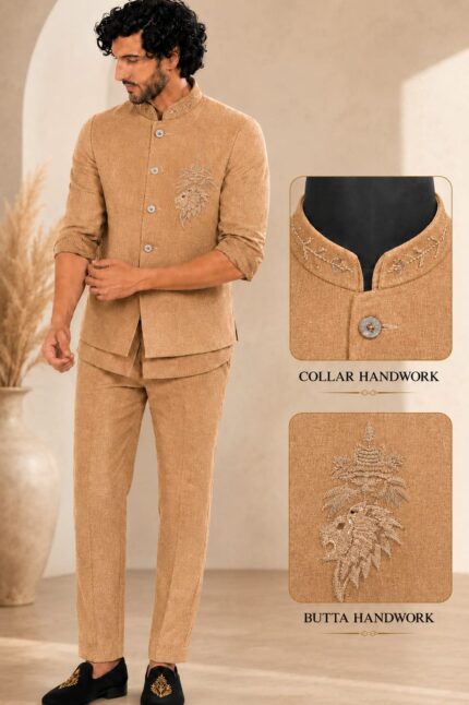 Men's Linen Silk 3 Piece Ethnic Set | Shirt, Pant & Modi Jacket / Sleeveless Jacket | Slim Fit | Collar & Pocket Patch Hand Work | Wedding, Festive & Party Wear