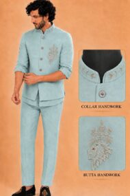 Men's Linen Silk 3 Piece Ethnic Set | Shirt, Pant & Modi Jacket / Sleeveless Jacket | Slim Fit | Collar & Pocket Patch Hand Work | Wedding, Festive & Party Wear