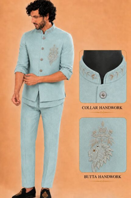 Men's Linen Silk 3 Piece Ethnic Set | Shirt, Pant & Modi Jacket / Sleeveless Jacket | Slim Fit | Collar & Pocket Patch Hand Work | Wedding, Festive & Party Wear