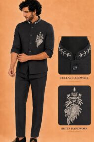Men's Linen Silk 3 Piece Ethnic Set | Shirt, Pant & Modi Jacket / Sleeveless Jacket | Slim Fit | Collar & Pocket Patch Hand Work | Wedding, Festive & Party Wear