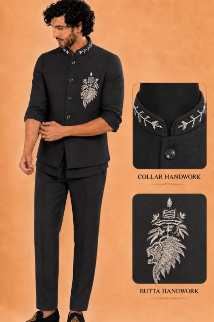 Men's Linen Silk 3 Piece Ethnic Set | Shirt, Pant & Modi Jacket / Sleeveless Jacket | Slim Fit | Collar & Pocket Patch Hand Work | Wedding, Festive & Party Wear