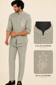 Men's Linen Silk 3 Piece Ethnic Set | Shirt, Pant & Modi Jacket / Sleeveless Jacket | Slim Fit | Collar & Pocket Patch Hand Work | Wedding, Festive & Party Wear
