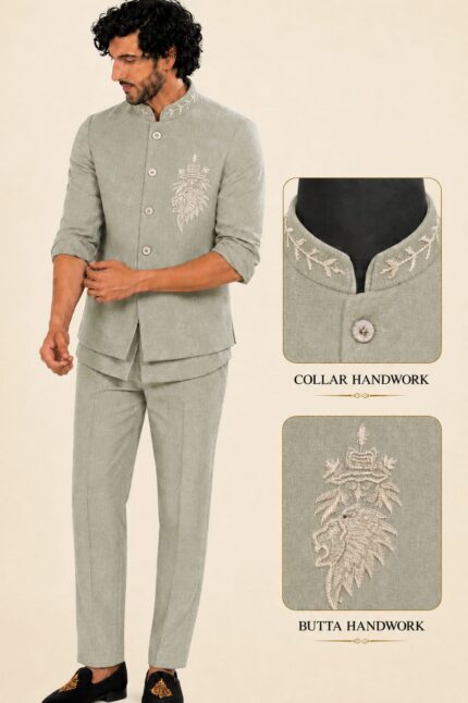 Men's Linen Silk 3 Piece Ethnic Set | Shirt, Pant & Modi Jacket / Sleeveless Jacket | Slim Fit | Collar & Pocket Patch Hand Work | Wedding, Festive & Party Wear