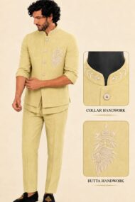 Men's Linen Silk 3 Piece Ethnic Set | Shirt, Pant & Modi Jacket / Sleeveless Jacket | Slim Fit | Collar & Pocket Patch Hand Work | Wedding, Festive & Party Wear
