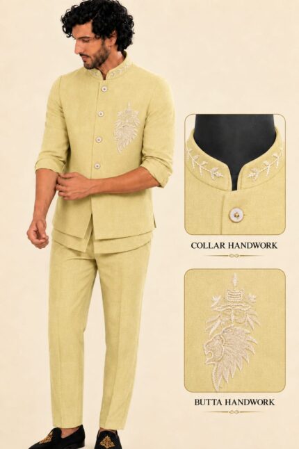 Men's Linen Silk 3 Piece Ethnic Set | Shirt, Pant & Modi Jacket / Sleeveless Jacket | Slim Fit | Collar & Pocket Patch Hand Work | Wedding, Festive & Party Wear