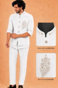 Men's Linen Silk 3 Piece Ethnic Set | Shirt, Pant & Modi Jacket / Sleeveless Jacket | Slim Fit | Collar & Pocket Patch Hand Work | Wedding, Festive & Party Wear