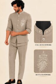 Men's Linen Silk 3 Piece Ethnic Set | Shirt, Pant & Modi Jacket / Sleeveless Jacket | Slim Fit | Collar & Pocket Patch Hand Work | Wedding, Festive & Party Wear