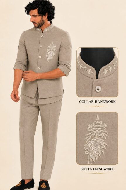 Men's Linen Silk 3 Piece Ethnic Set | Shirt, Pant & Modi Jacket / Sleeveless Jacket | Slim Fit | Collar & Pocket Patch Hand Work | Wedding, Festive & Party Wear