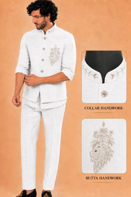 Men's Linen Silk 3 Piece Ethnic Set | Shirt, Pant & Modi Jacket / Sleeveless Jacket | Slim Fit | Collar & Pocket Patch Hand Work | Wedding, Festive & Party Wear