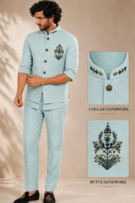 Men's Linen Silk 3 Piece Ethnic Set | Shirt, Pant & Modi Jacket / Sleeveless Jacket | Slim Fit | Collar & Pocket Patch Hand Work | Wedding, Festive & Party Wear