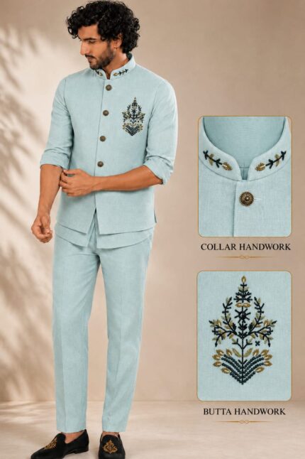 Men's Linen Silk 3 Piece Ethnic Set | Shirt, Pant & Modi Jacket / Sleeveless Jacket | Slim Fit | Collar & Pocket Patch Hand Work | Wedding, Festive & Party Wear