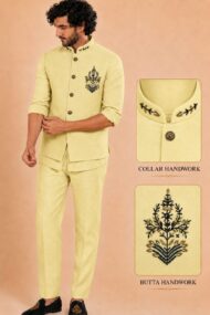 Men's Linen Silk 3 Piece Ethnic Set | Shirt, Pant & Modi Jacket / Sleeveless Jacket | Slim Fit | Collar & Pocket Patch Hand Work | Wedding, Festive & Party Wear
