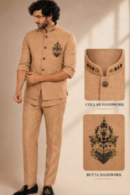 Men's Linen Silk 3 Piece Ethnic Set | Shirt, Pant & Modi Jacket / Sleeveless Jacket | Slim Fit | Collar & Pocket Patch Hand Work | Wedding, Festive & Party Wear
