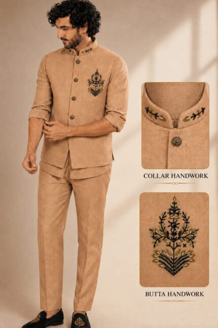 Men's Linen Silk 3 Piece Ethnic Set | Shirt, Pant & Modi Jacket / Sleeveless Jacket | Slim Fit | Collar & Pocket Patch Hand Work | Wedding, Festive & Party Wear