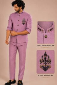 Men's Linen Silk 3 Piece Ethnic Set | Shirt, Pant & Modi Jacket / Sleeveless Jacket | Slim Fit | Collar & Pocket Patch Hand Work | Wedding, Festive & Party Wear
