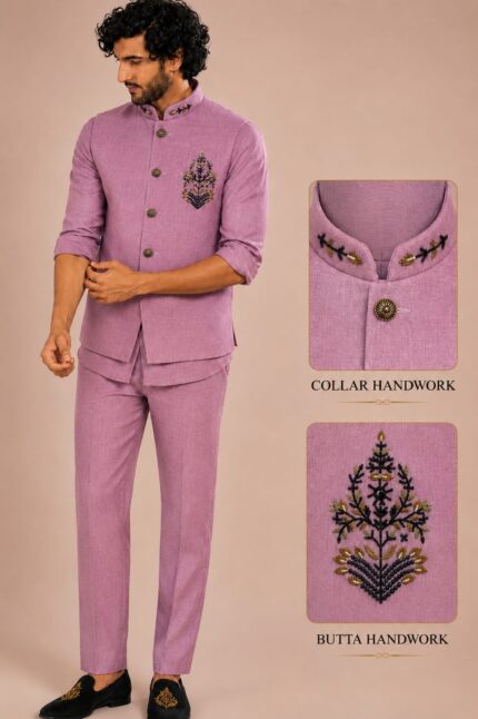 Men's Linen Silk 3 Piece Ethnic Set | Shirt, Pant & Modi Jacket / Sleeveless Jacket | Slim Fit | Collar & Pocket Patch Hand Work | Wedding, Festive & Party Wear