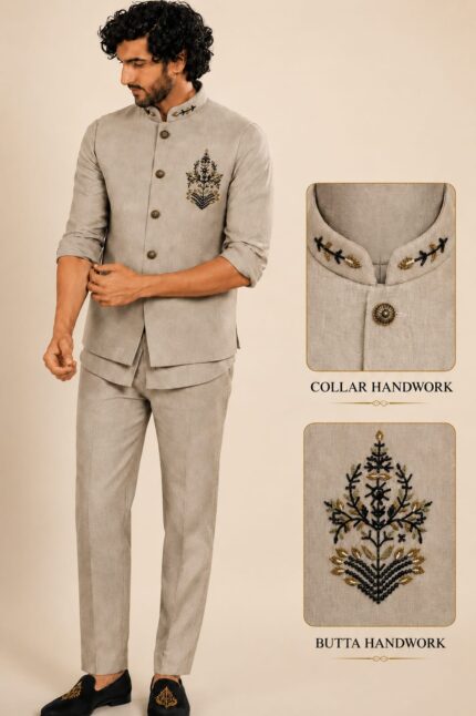 Men's Linen Silk 3 Piece Ethnic Set | Shirt, Pant & Modi Jacket / Sleeveless Jacket | Slim Fit | Collar & Pocket Patch Hand Work | Wedding, Festive & Party Wear
