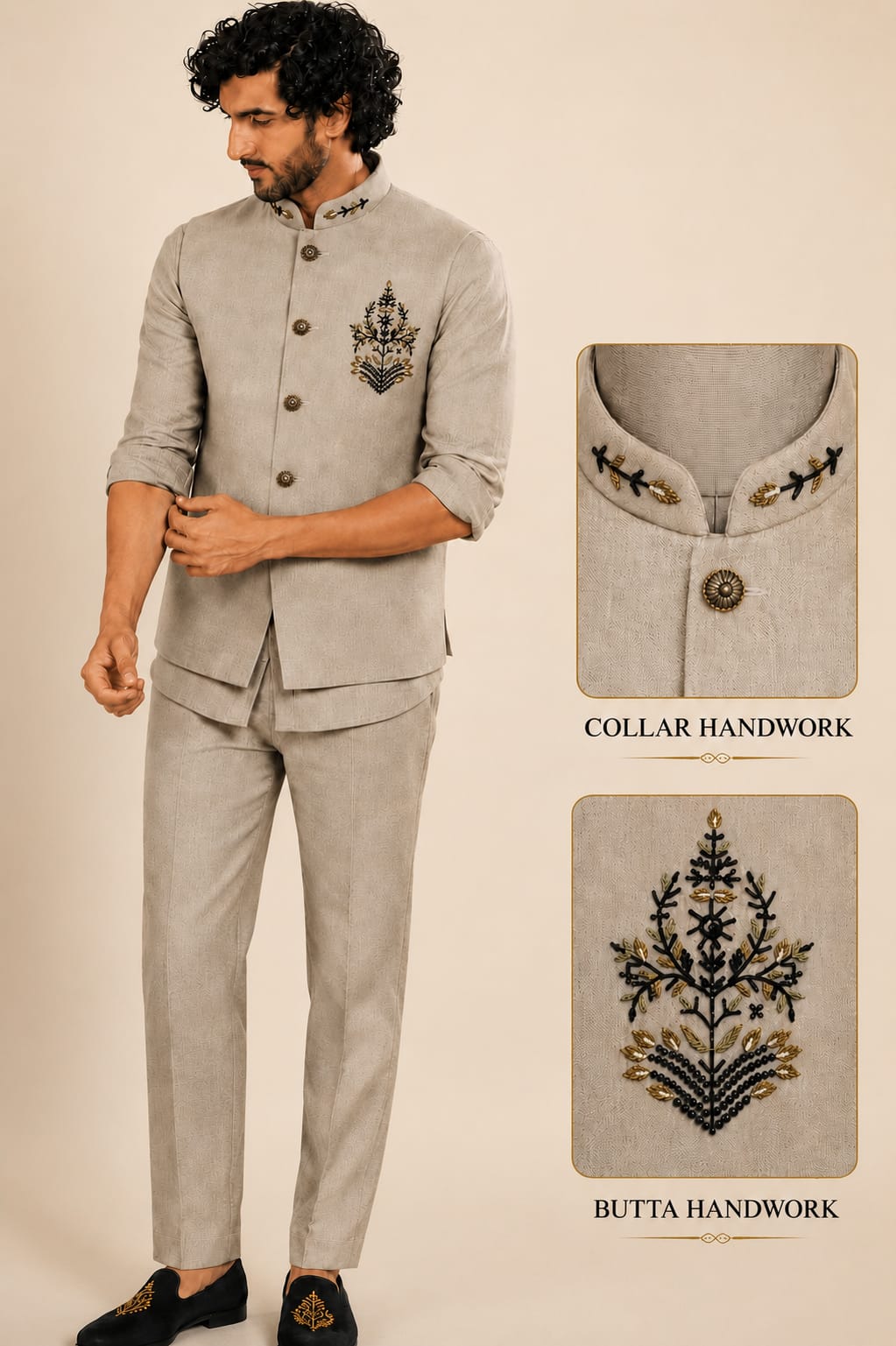 WhatsApp Image 2026-09-02 at 1.41.40 PM (2) Men's Linen Silk 3 Piece Ethnic Set | Shirt, Pant & Modi Jacket / Sleeveless Jacket | Slim Fit | Collar & Pocket Patch Hand Work | Wedding, Festive & Party Wear - Image 1