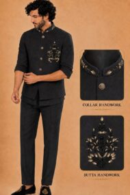 Men's Linen Silk 3 Piece Ethnic Set | Shirt, Pant & Modi Jacket / Sleeveless Jacket | Slim Fit | Collar & Pocket Patch Hand Work | Wedding, Festive & Party Wear