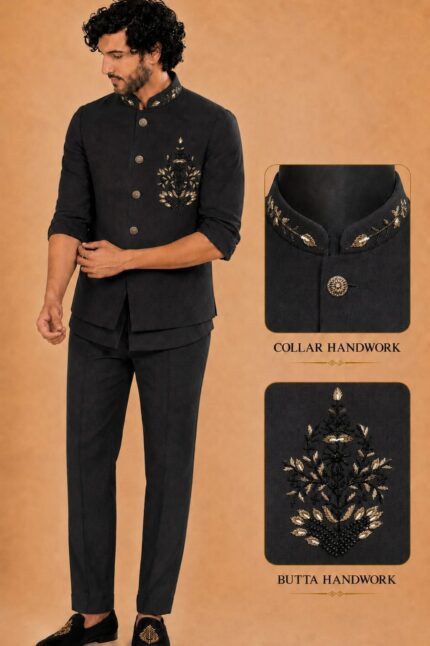 Men's Linen Silk 3 Piece Ethnic Set | Shirt, Pant & Modi Jacket / Sleeveless Jacket | Slim Fit | Collar & Pocket Patch Hand Work | Wedding, Festive & Party Wear