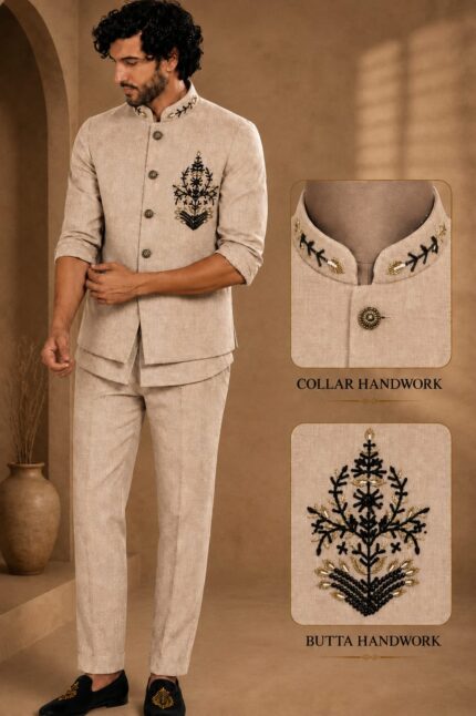 Men's Linen Silk 3 Piece Ethnic Set | Shirt, Pant & Modi Jacket / Sleeveless Jacket | Slim Fit | Collar & Pocket Patch Hand Work | Wedding, Festive & Party Wear