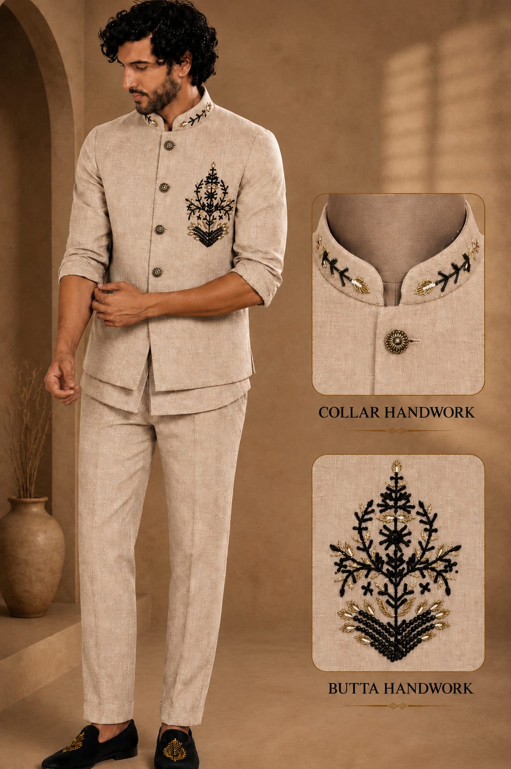 WhatsApp Image 2026-09-02 at 1.41.41 PM Men's Linen Silk 3 Piece Ethnic Set | Shirt, Pant & Modi Jacket / Sleeveless Jacket | Slim Fit | Collar & Pocket Patch Hand Work | Wedding, Festive & Party Wear - Image 1