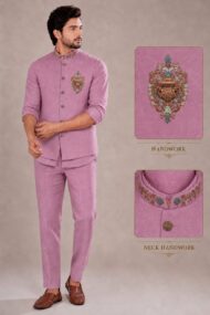 Men's Linen Silk 3 Piece Ethnic Set | Shirt, Pant & Modi Jacket / Sleeveless Jacket | Slim Fit | Collar & Pocket Patch Hand Work | Wedding, Festive & Party Wear