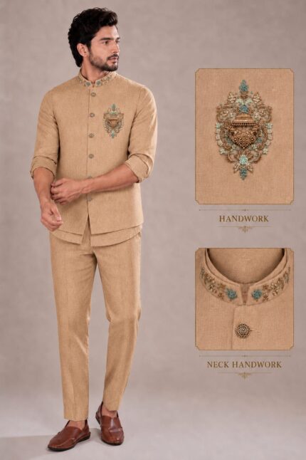 Men's Linen Silk 3 Piece Ethnic Set | Shirt, Pant & Modi Jacket / Sleeveless Jacket | Slim Fit | Collar & Pocket Patch Hand Work | Wedding, Festive & Party Wear