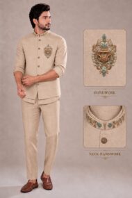 Men's Linen Silk 3 Piece Ethnic Set | Shirt, Pant & Modi Jacket / Sleeveless Jacket | Slim Fit | Collar & Pocket Patch Hand Work | Wedding, Festive & Party Wear